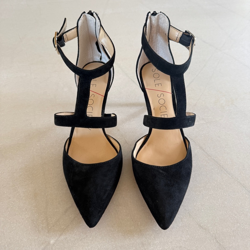 Sole Society Edelyn Black Suede Pointed Toe Heels Ankle Strap Womens Size 6 - Picture 4 of 11